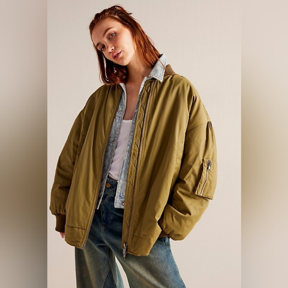 NEW We The Free Amy Green Oversized Zip Up Pocket Front Fall Becca Bomber Jacket